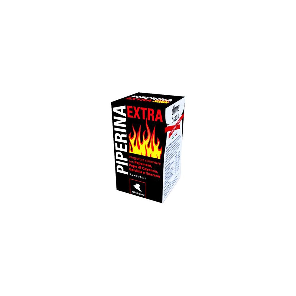 Scatola nera con testo e fiamme rosse: Piperina Extra Dima Black. Contiene 45 capsule.