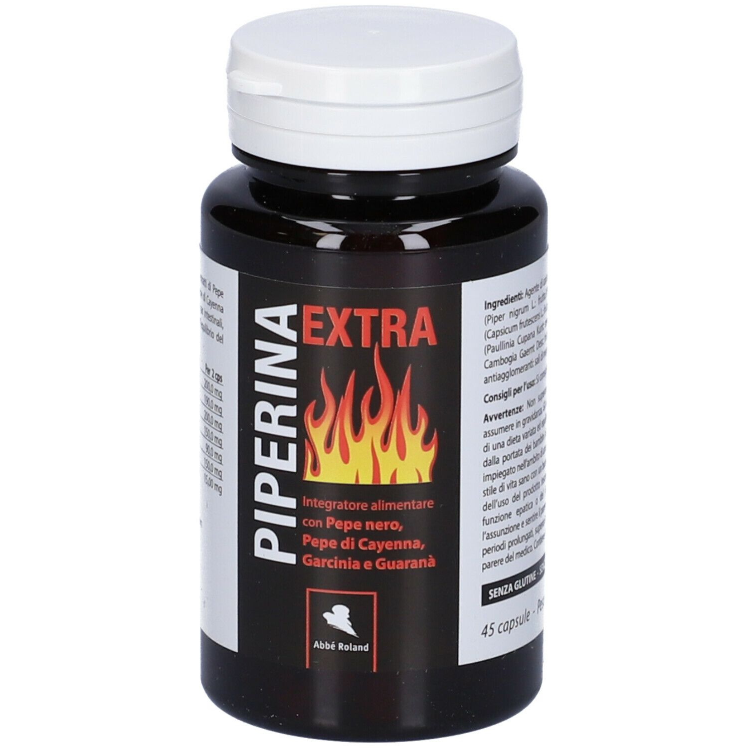 Flacone marrone con tappo bianco. Scritta: Piperina Extra. Contiene 45 capsule. Grafica fiamme rosse.