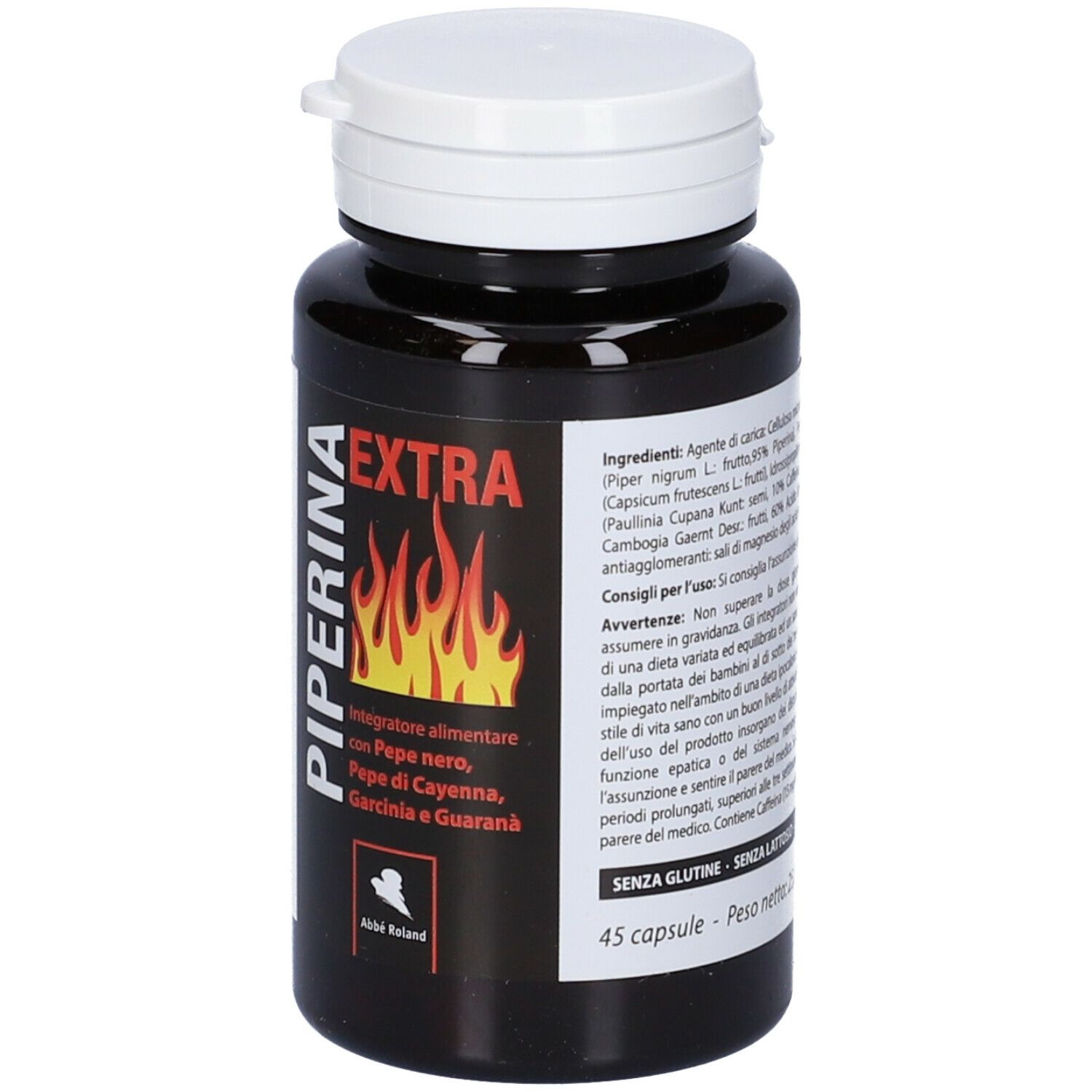 Flacone marrone con tappo bianco. Scritta: Piperina Extra. Contiene 45 capsule. Grafica fiamme rosse.