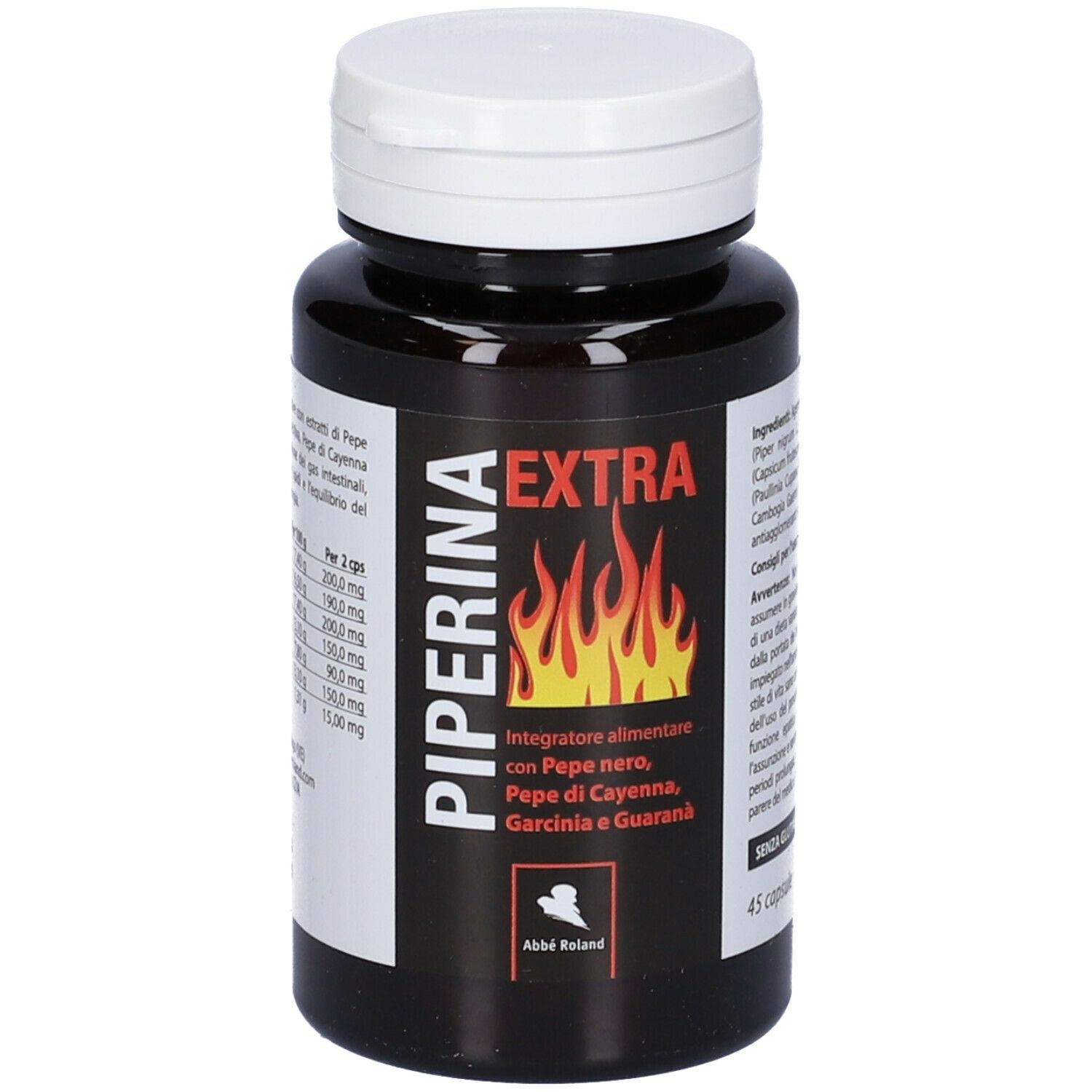 Flacone marrone con tappo bianco. Scritta: Piperina Extra. Contiene 45 capsule. Grafica fiamme rosse.