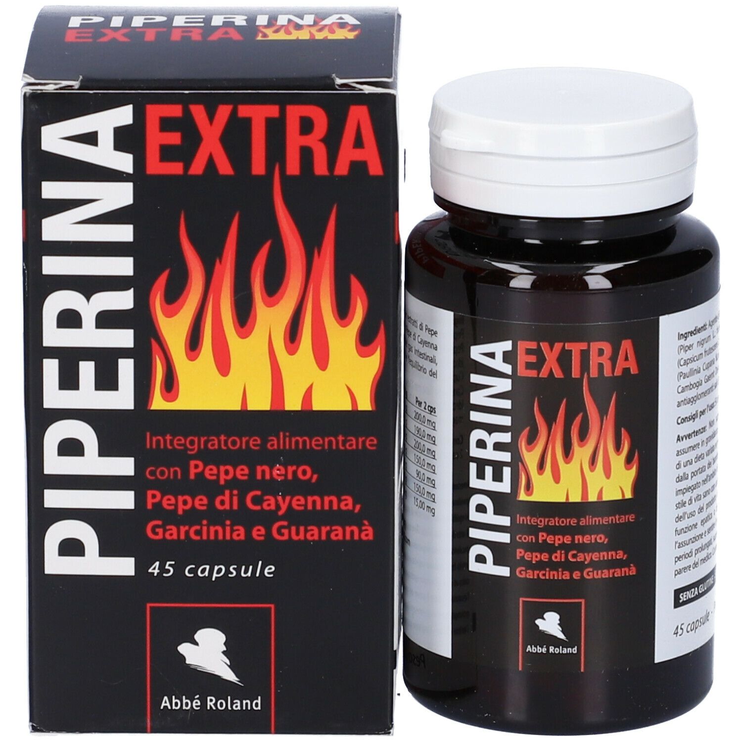 Confezione e flacone. Confezione nera con fiamme rosse e testo: Piperina Extra. Flacone accanto.