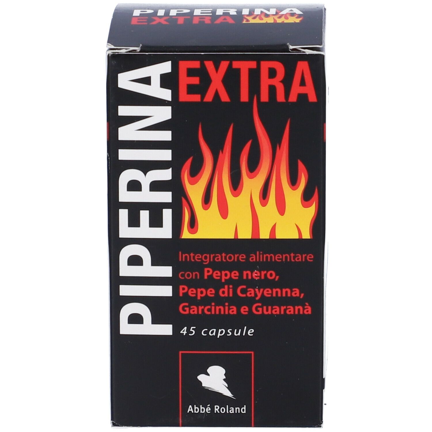 Scatola nera con testo e fiamme rosse: Piperina Extra. Contiene 45 capsule.