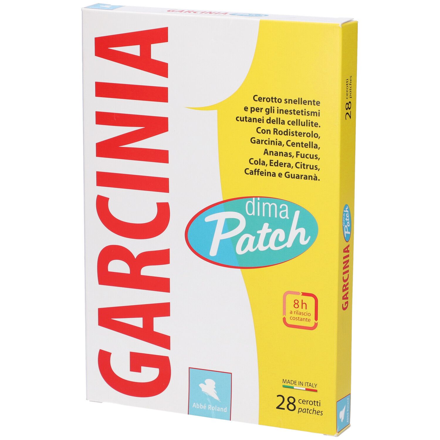Confezione Garcinia Dima Patch. Scatola bianca con lato giallo. Contiene 28 cerotti. Testo: Garcinia, Dima Patch.