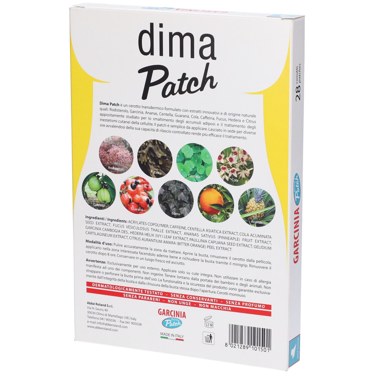 Retro della confezione Garcinia Dima Patch. Contiene 28 cerotti. Illustrazioni degli ingredienti. Testo.
