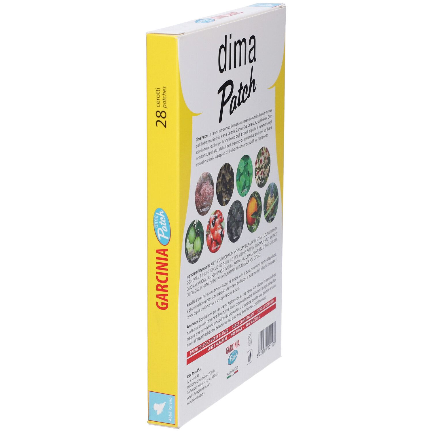 Confezione Garcinia Dima Patch. Contiene 28 cerotti. Retro con ingredienti e testo. Colori giallo e bianco.