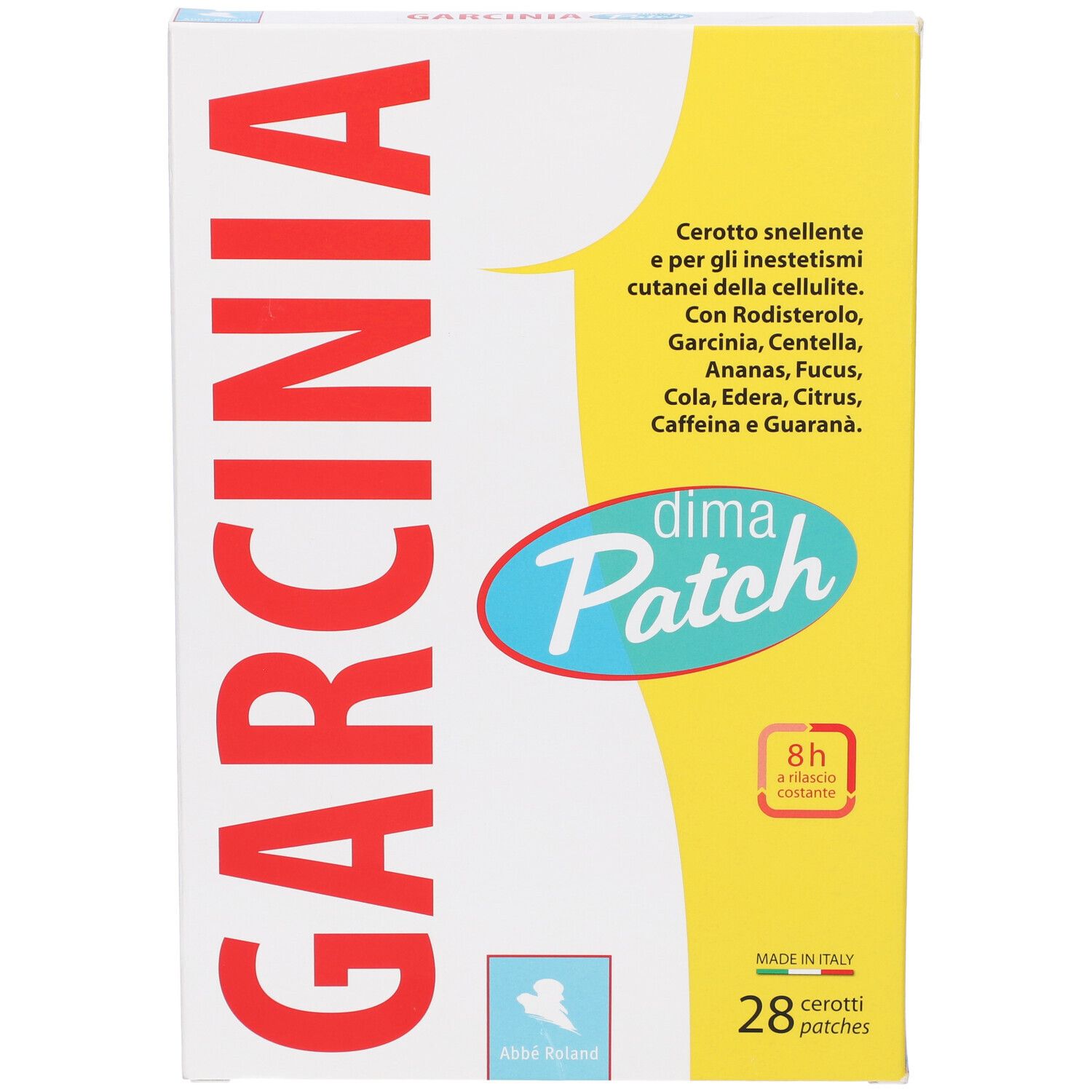 Confezione Garcinia Dima Patch. Scatola bianca con lato giallo. Contiene 28 cerotti. Testo: Garcinia, Dima Patch.