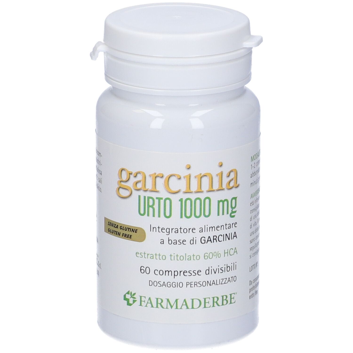 Flacone bianco di Garcinia Urto 1000 mg. Scritte: nome, dosaggio, ingredienti, senza glutine. Tappo bianco.