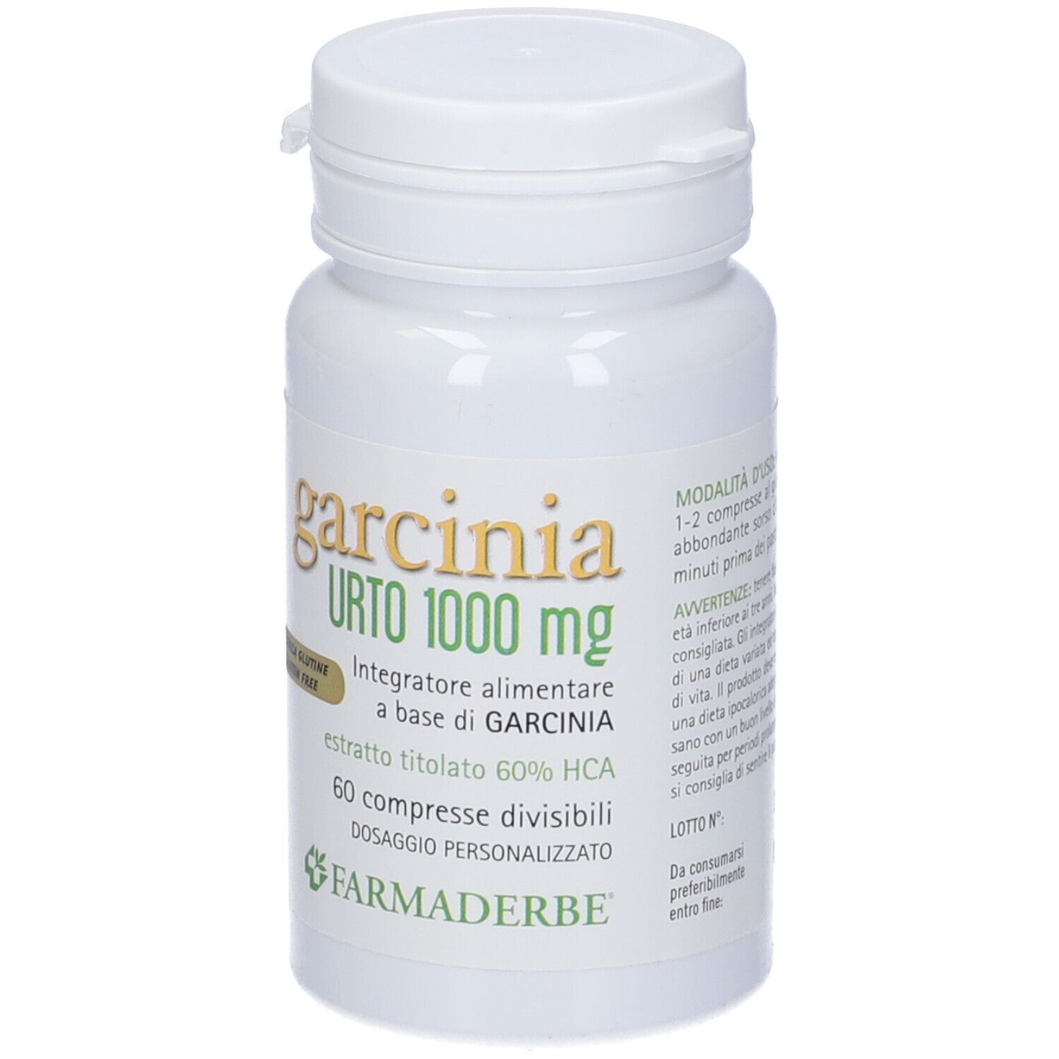 Flacone bianco di Garcinia Urto 1000 mg. Scritte: nome, dosaggio, ingredienti, senza glutine. Tappo bianco.