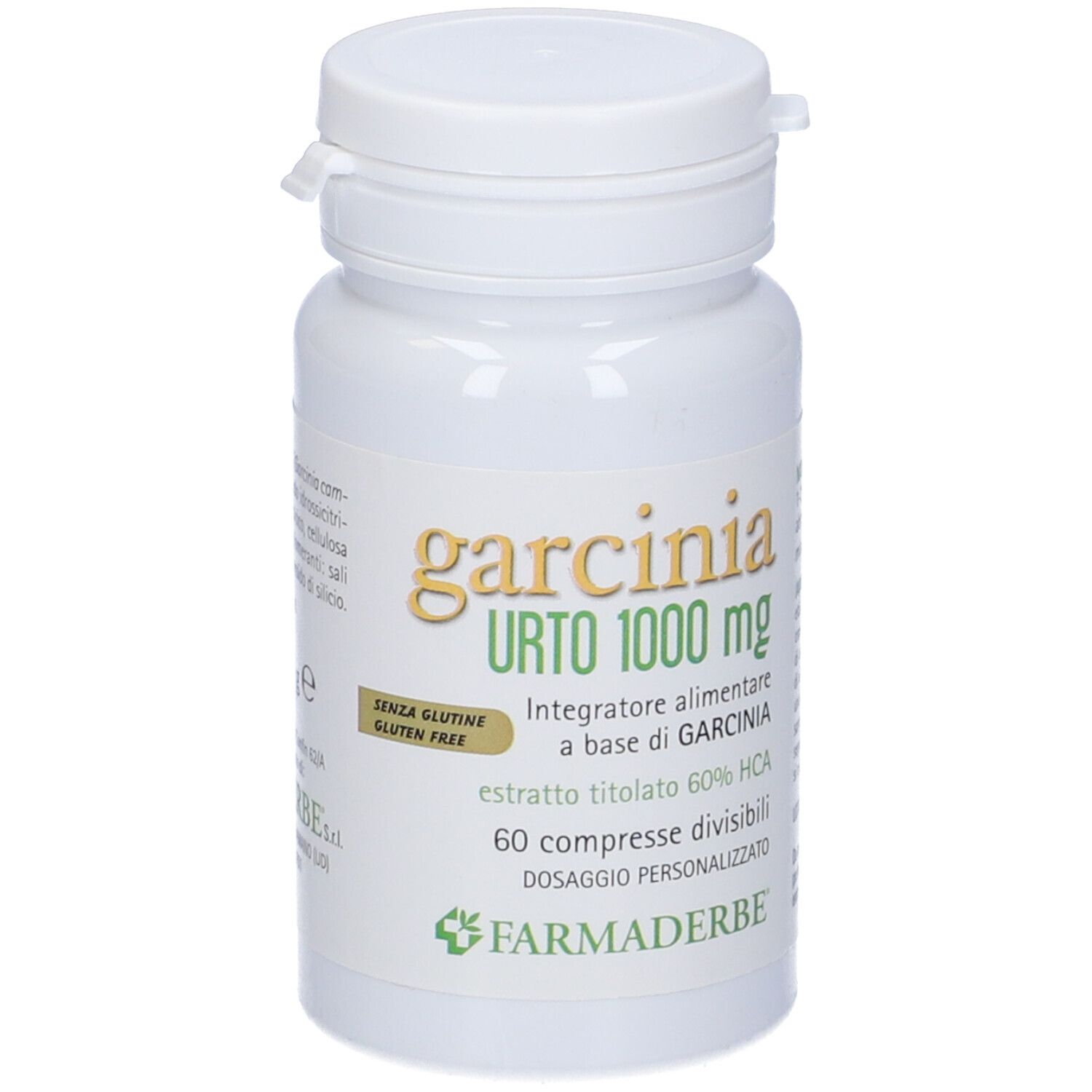 Flacone bianco di Garcinia Urto 1000 mg. Scritte: nome, dosaggio, ingredienti, senza glutine. Tappo bianco.