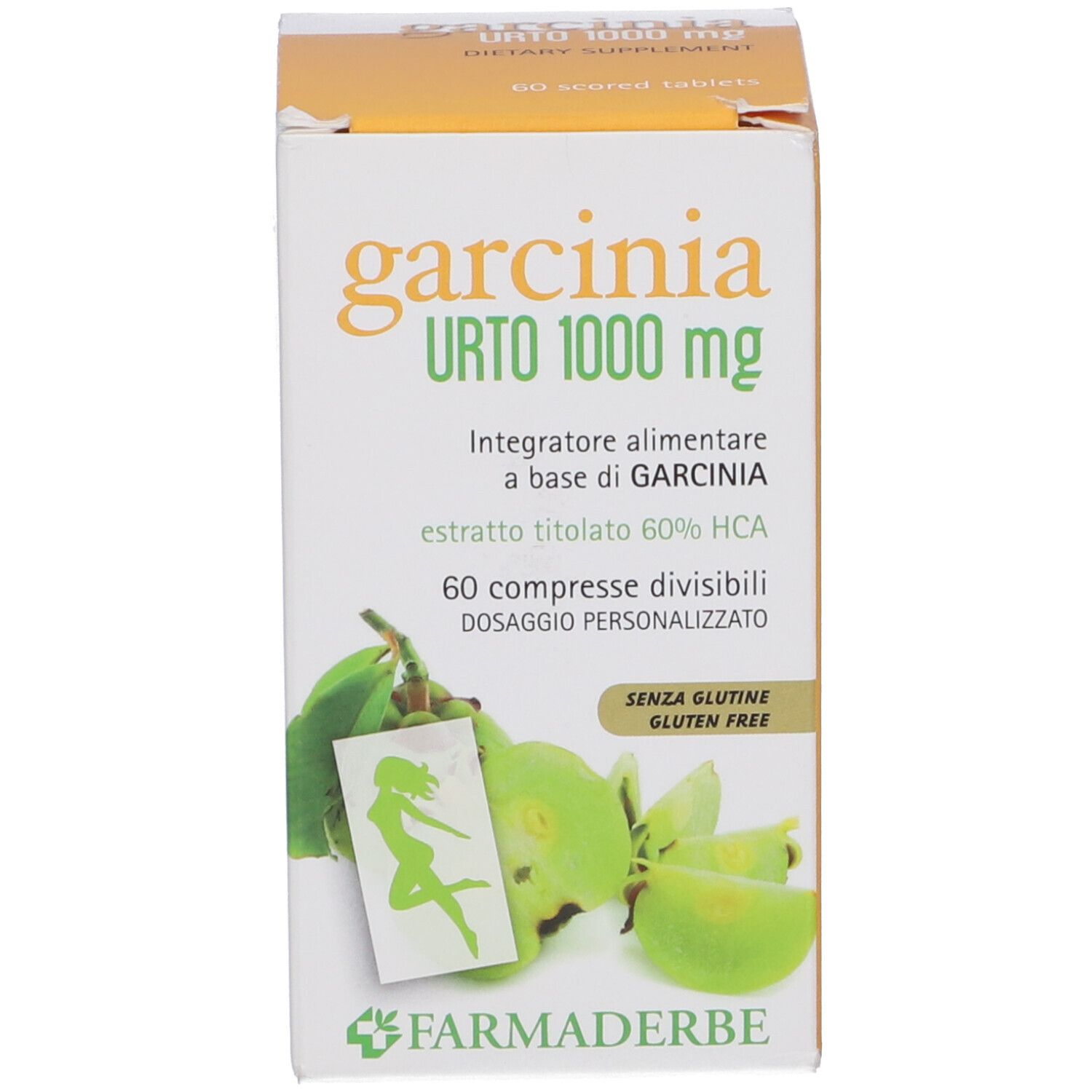 Scatola di Garcinia Urto 1000 mg. Scritte: nome, dosaggio, ingredienti, senza glutine, logo. Illustrazione di frutto.