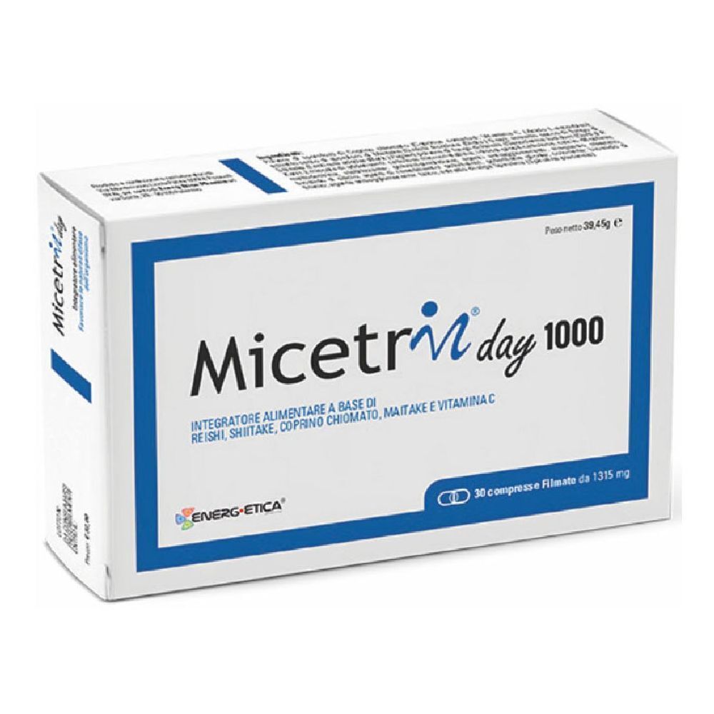 Scatola bianca con cornice blu. Scritta: Micetrin day 1000. 30 compresse. Marchio: ENERG-ETICA.