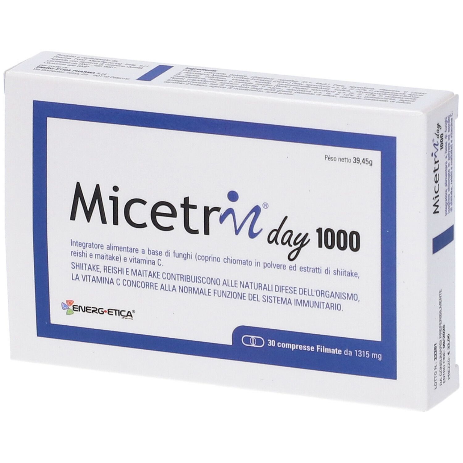 Scatola bianca con cornice blu. Scritta: Micetrin day 1000. 30 compresse. Marchio: ENERG-ETICA.