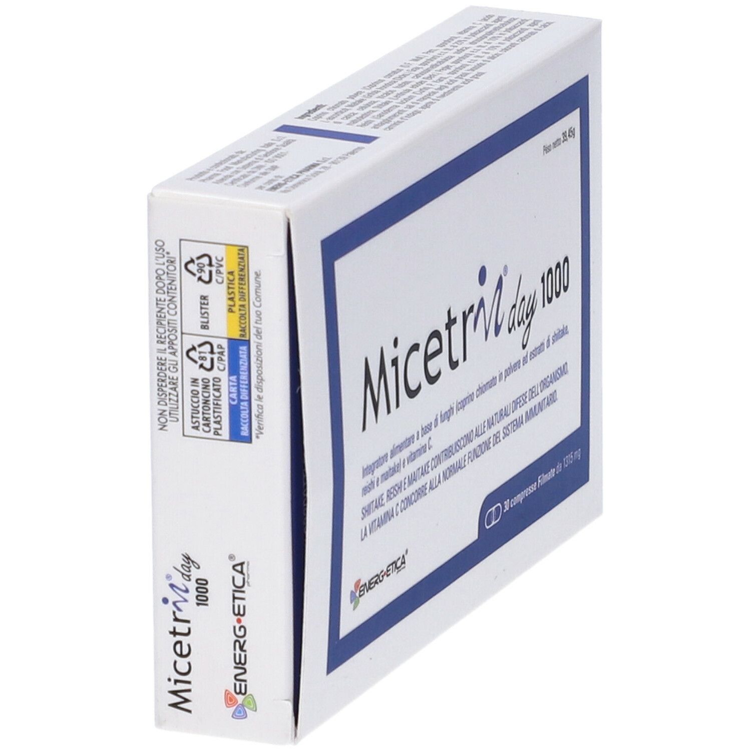Scatola bianca con cornice blu. Scritta: Micetrin day 1000. 30 compresse. Marchio: ENERG-ETICA.