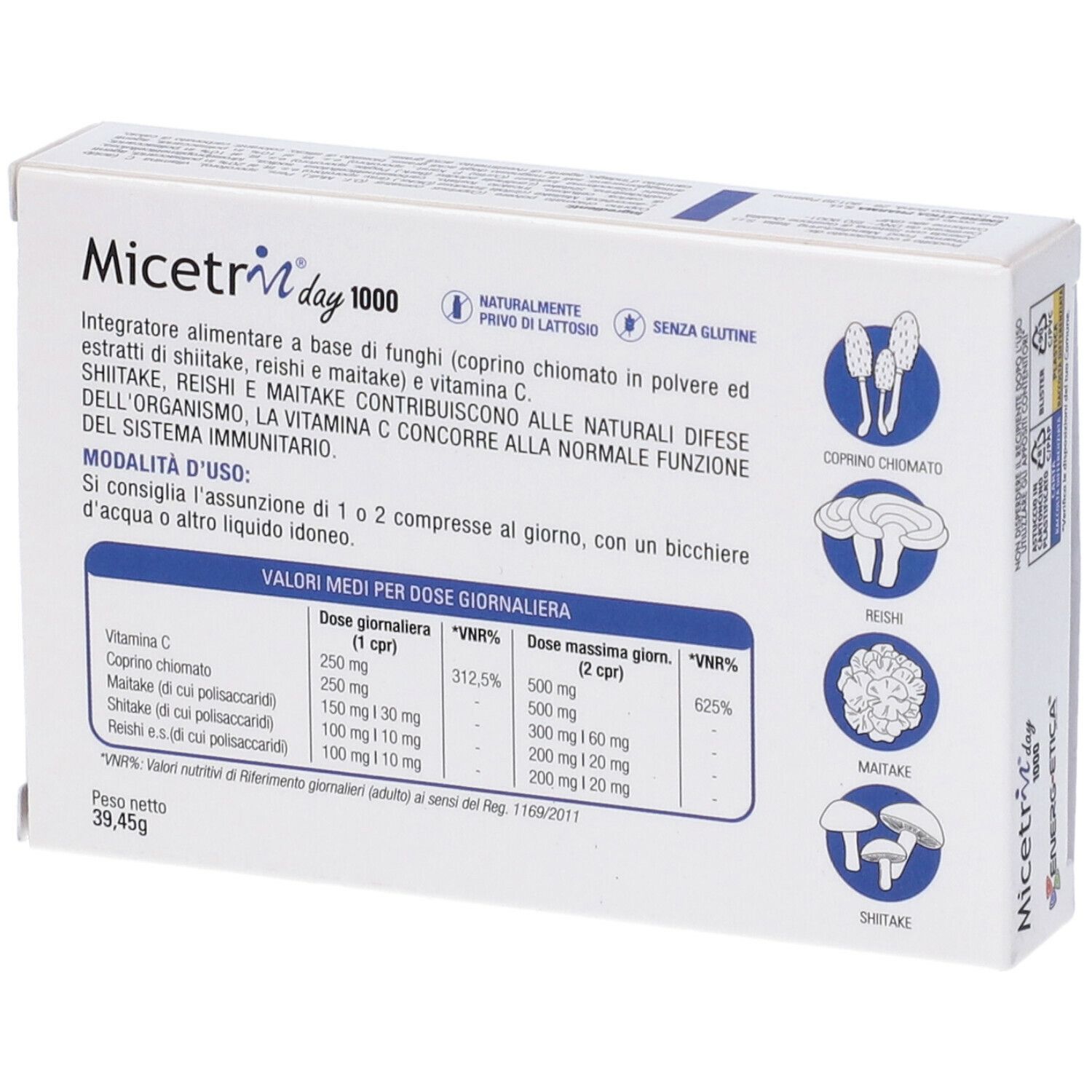 Scatola bianca con cornice blu. Scritta: Micetrin day 1000. 30 compresse. Marchio: ENERG-ETICA.