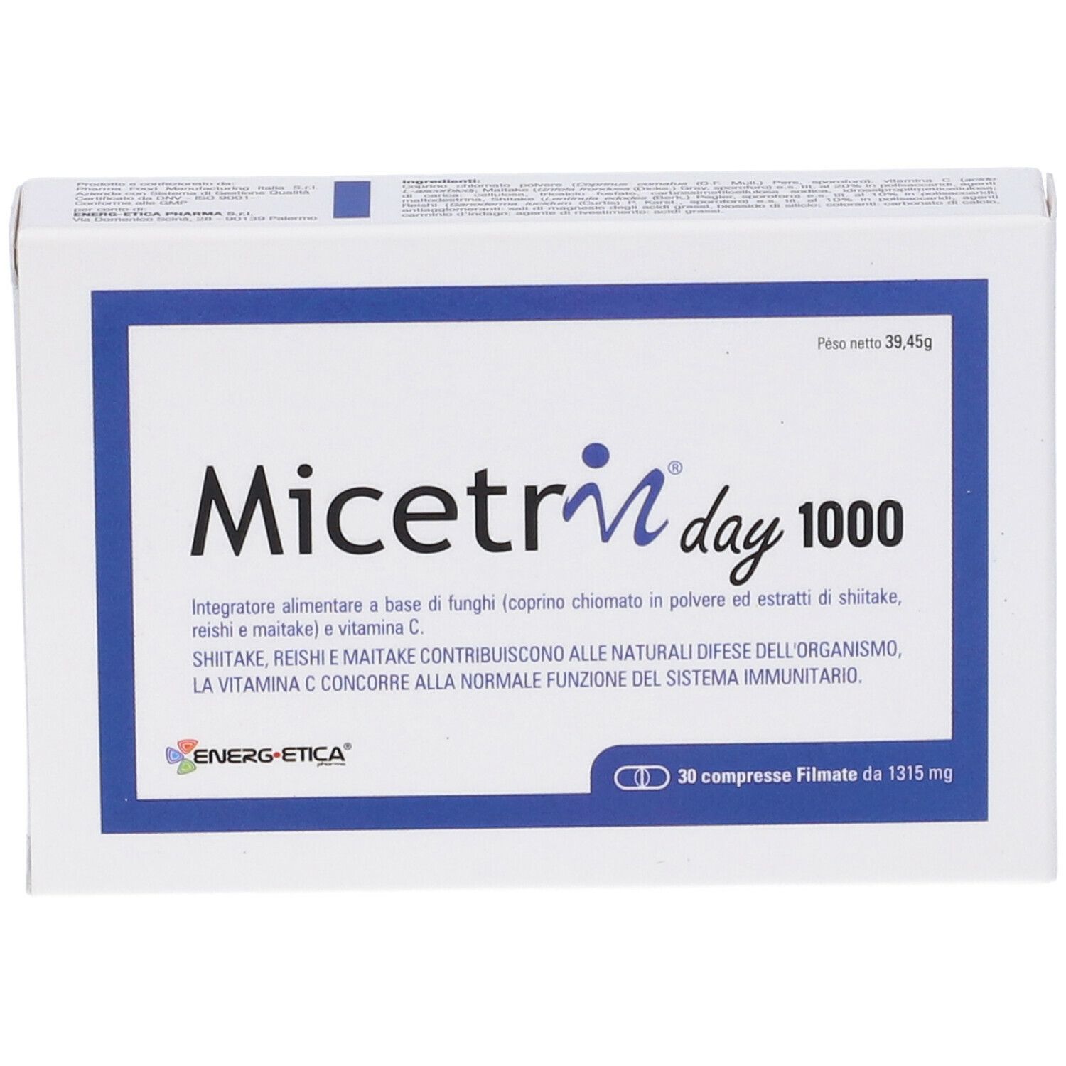 Scatola bianca con cornice blu. Scritta: Micetrin day 1000. 30 compresse. Marchio: ENERG-ETICA.