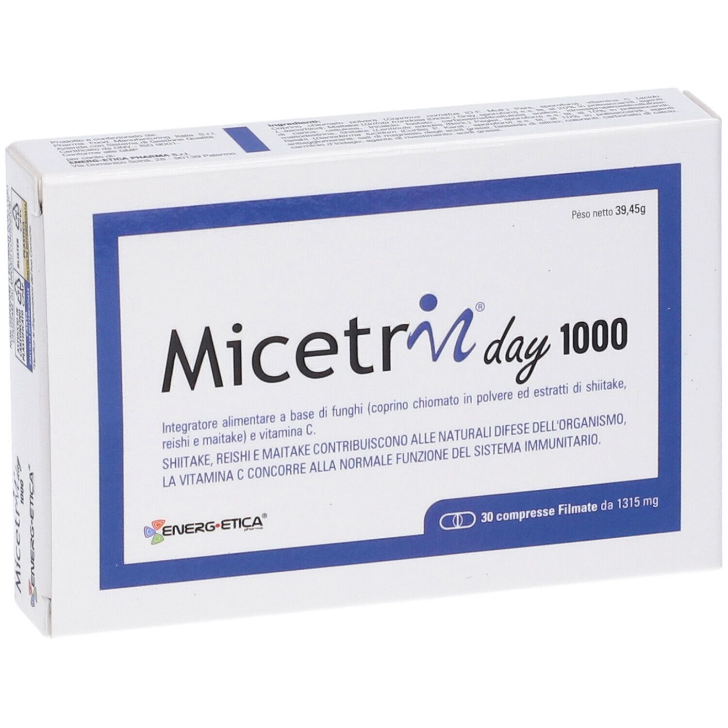 Scatola bianca con cornice blu. Scritta: Micetrin day 1000. 30 compresse. Marchio: ENERG-ETICA.