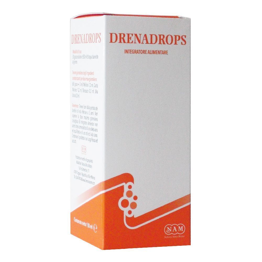 Scatola bianca e arancione. Scritta: Drenadrops, integratore alimentare. Logo: NAM.