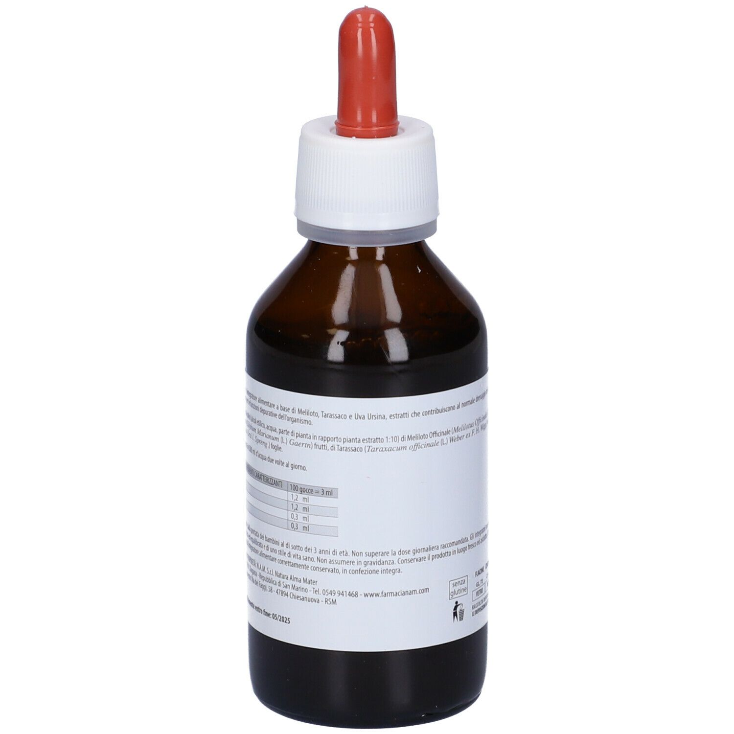 Flacone di vetro marrone con contagocce rosso. Scritta: Drenadrops. Etichetta con informazioni.