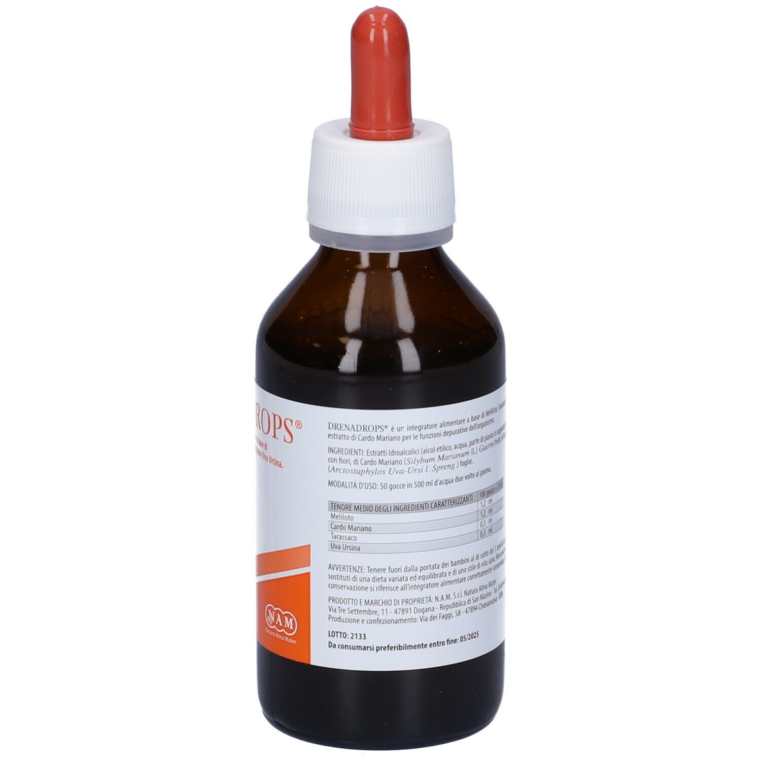 Flacone di vetro marrone con contagocce rosso. Scritta: Drenadrops. Etichetta con ingredienti e dosaggio.