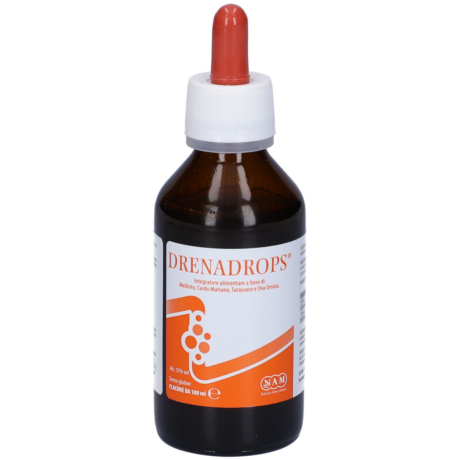 Flacone di vetro marrone con contagocce rosso. Scritta: Drenadrops. Etichetta con ingredienti e volume.