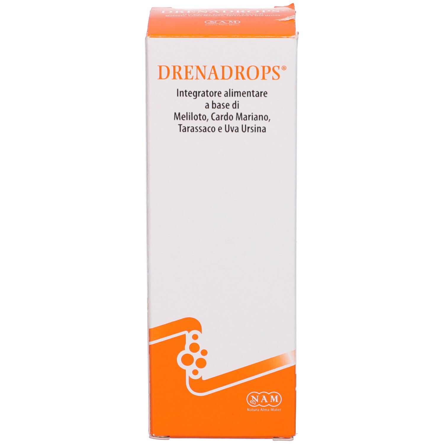 Scatola bianca e arancione. Scritta: Drenadrops, integratore alimentare. Logo: NAM.