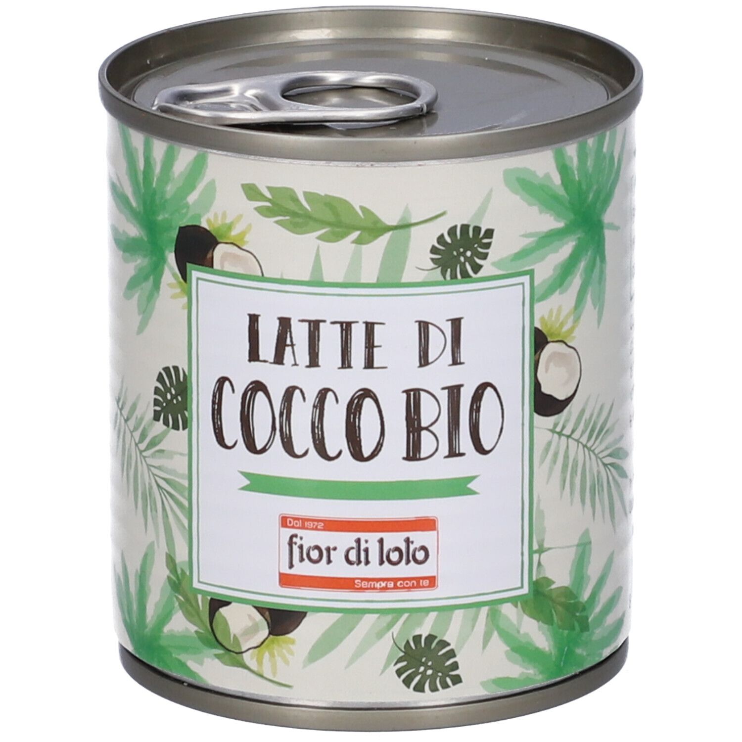Lattina di 'Latte di Cocco Bio'. Confezione verde e bianca con motivi di cocco e foglie. Marchio: Fior di Loto.