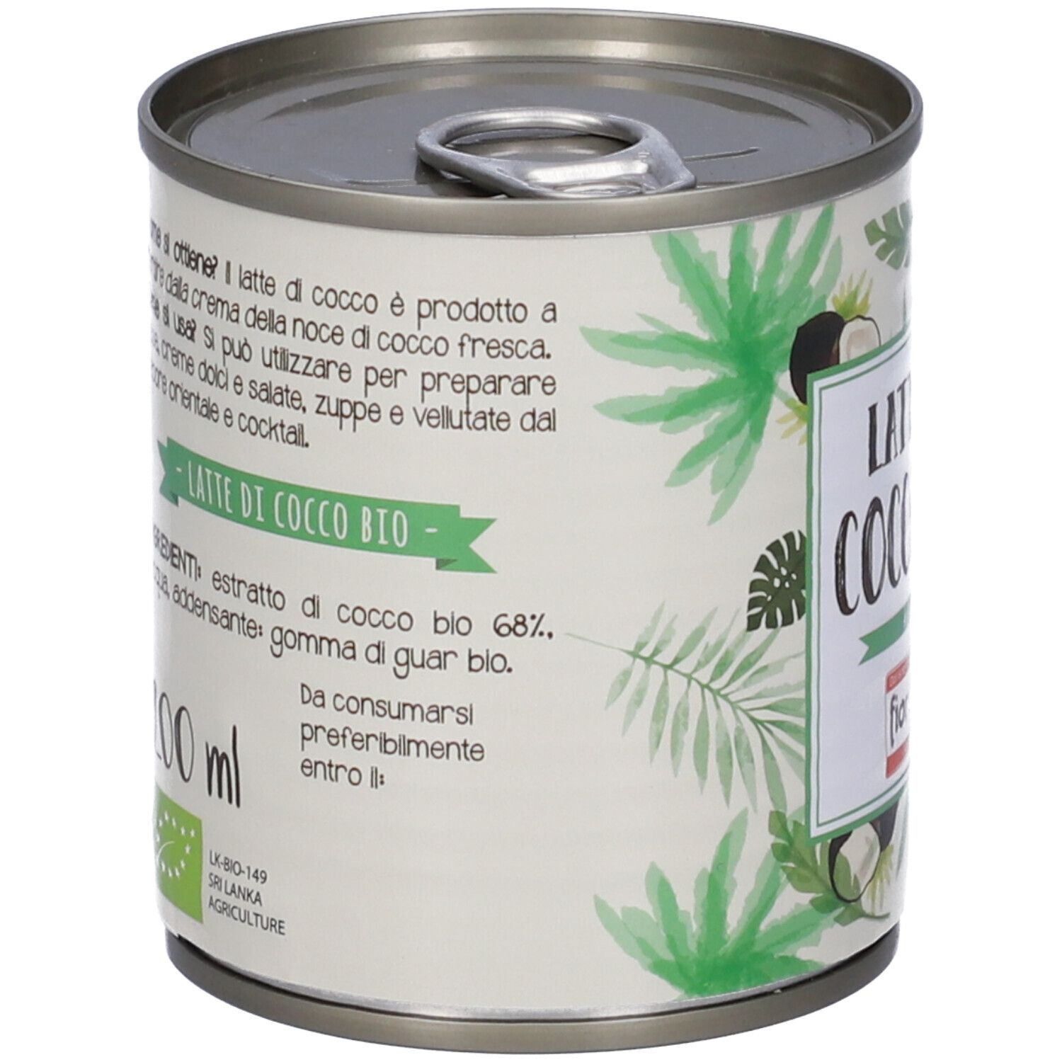 Lattina di 'Latte di Cocco Bio'. Retro con testo e ingredienti. Sigillo bio. 200 ml.
