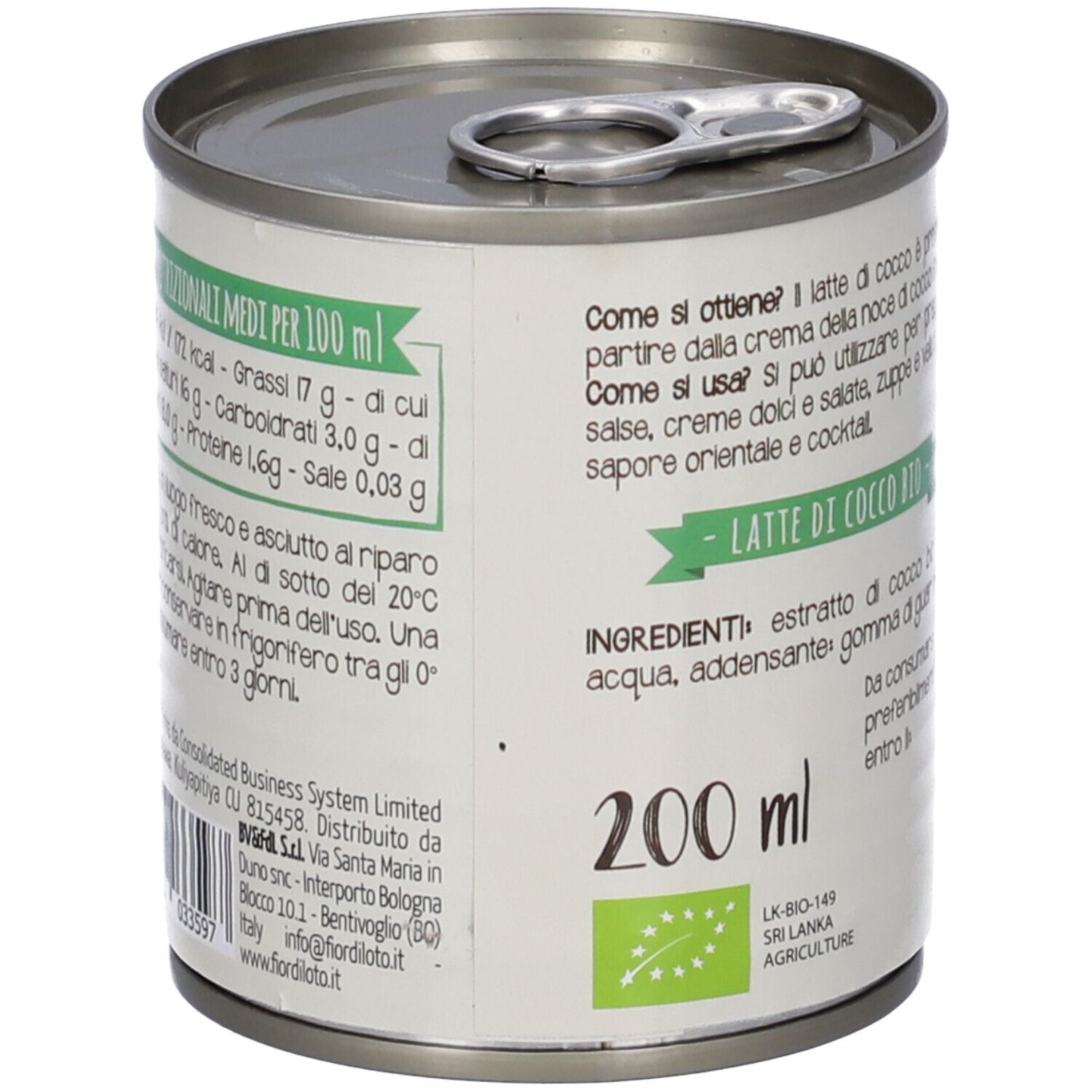 Lattina di 'Latte di Cocco Bio'. Retro con informazioni nutrizionali e testo. Sigillo bio. 200 ml.