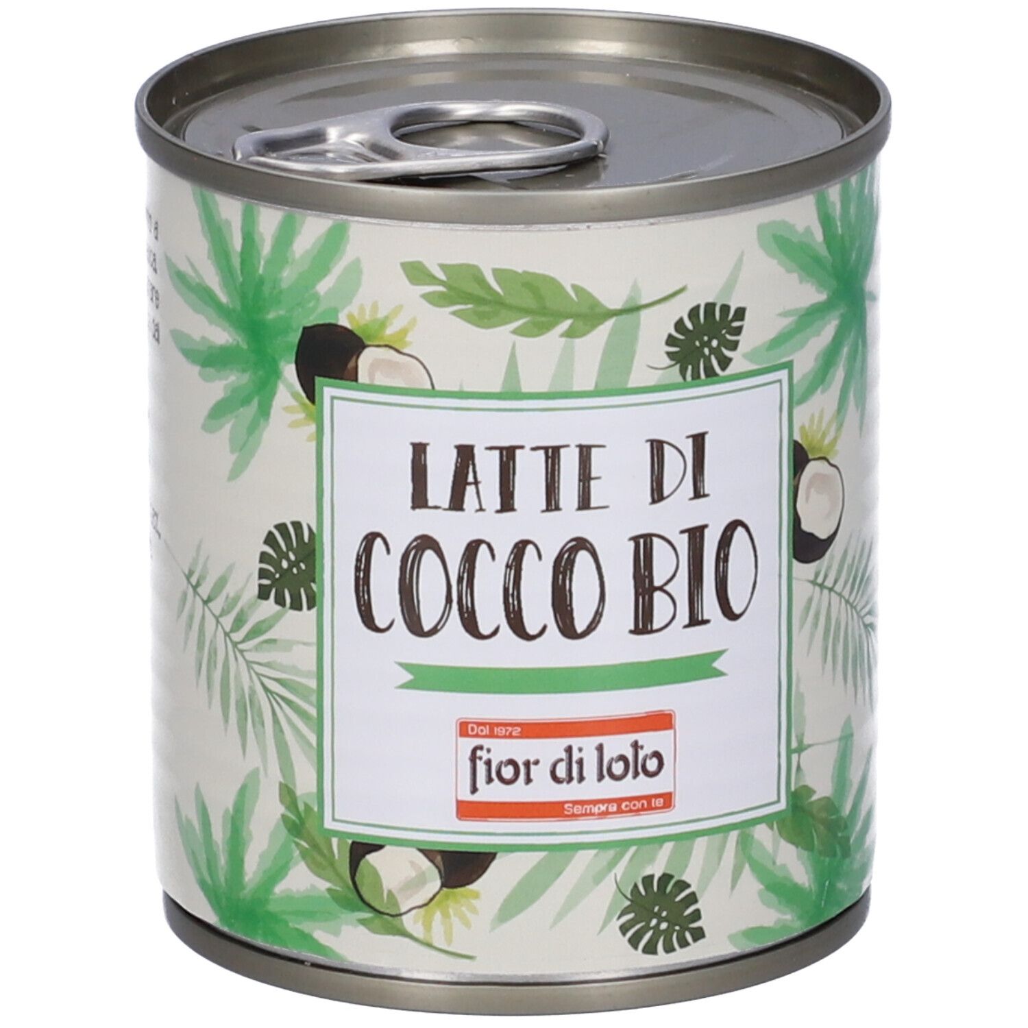 Lattina di 'Latte di Cocco Bio'. Confezione verde e bianca con motivi di cocco e foglie. Marchio: Fior di Loto.