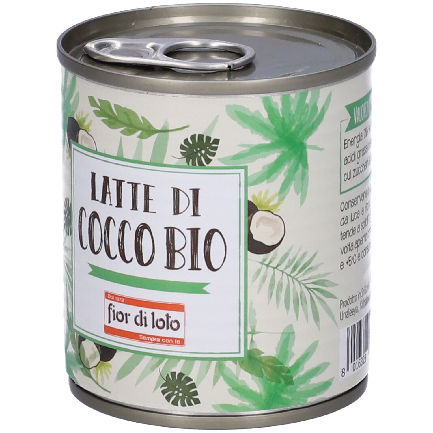 Lattina di 'Latte di Cocco Bio'. Confezione verde e bianca con motivi di cocco e foglie. Marchio: Fior di Loto.