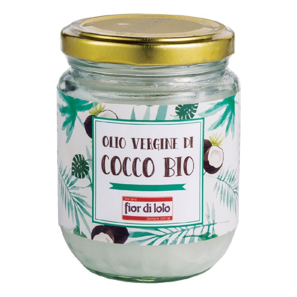 Vasetto di olio di cocco. Scritta: Olio Vergine di Cocco Bio, Fior di Loto. Coperchio dorato.