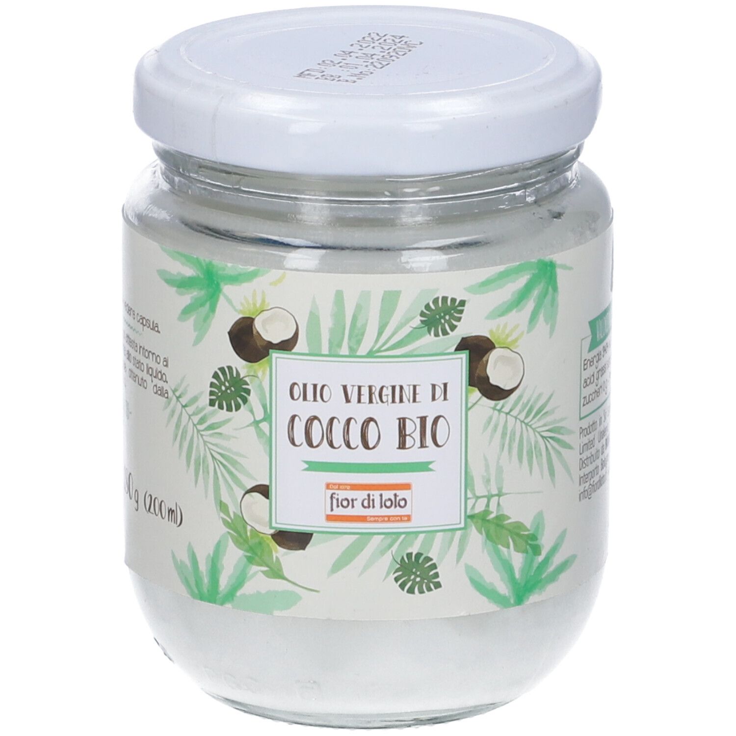 Vasetto di olio di cocco. Scritta: Olio Vergine di Cocco Bio, Fior di Loto. Coperchio bianco.