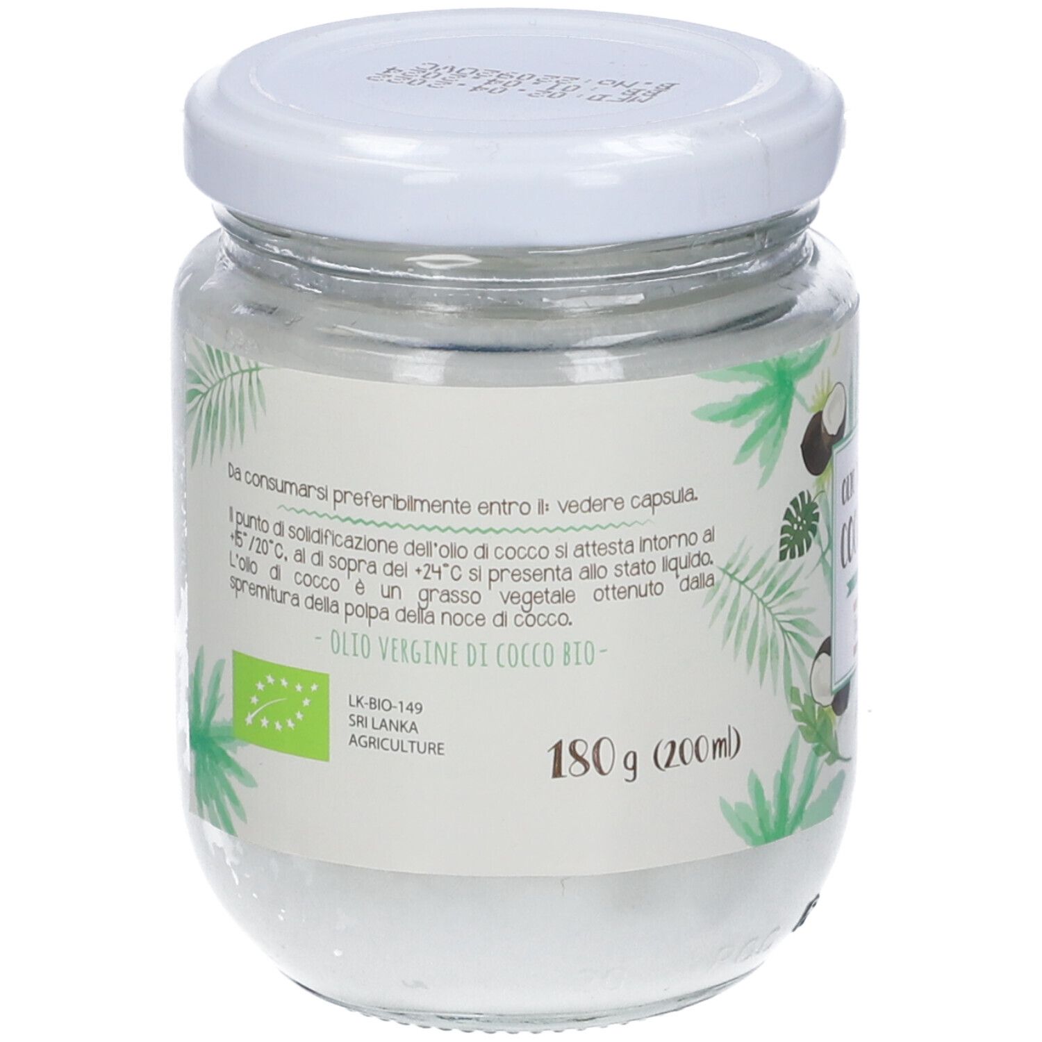 Retro di un vasetto di olio di cocco. Scritta: Olio Vergine di Cocco Bio. Sigillo bio. 180g (200ml).