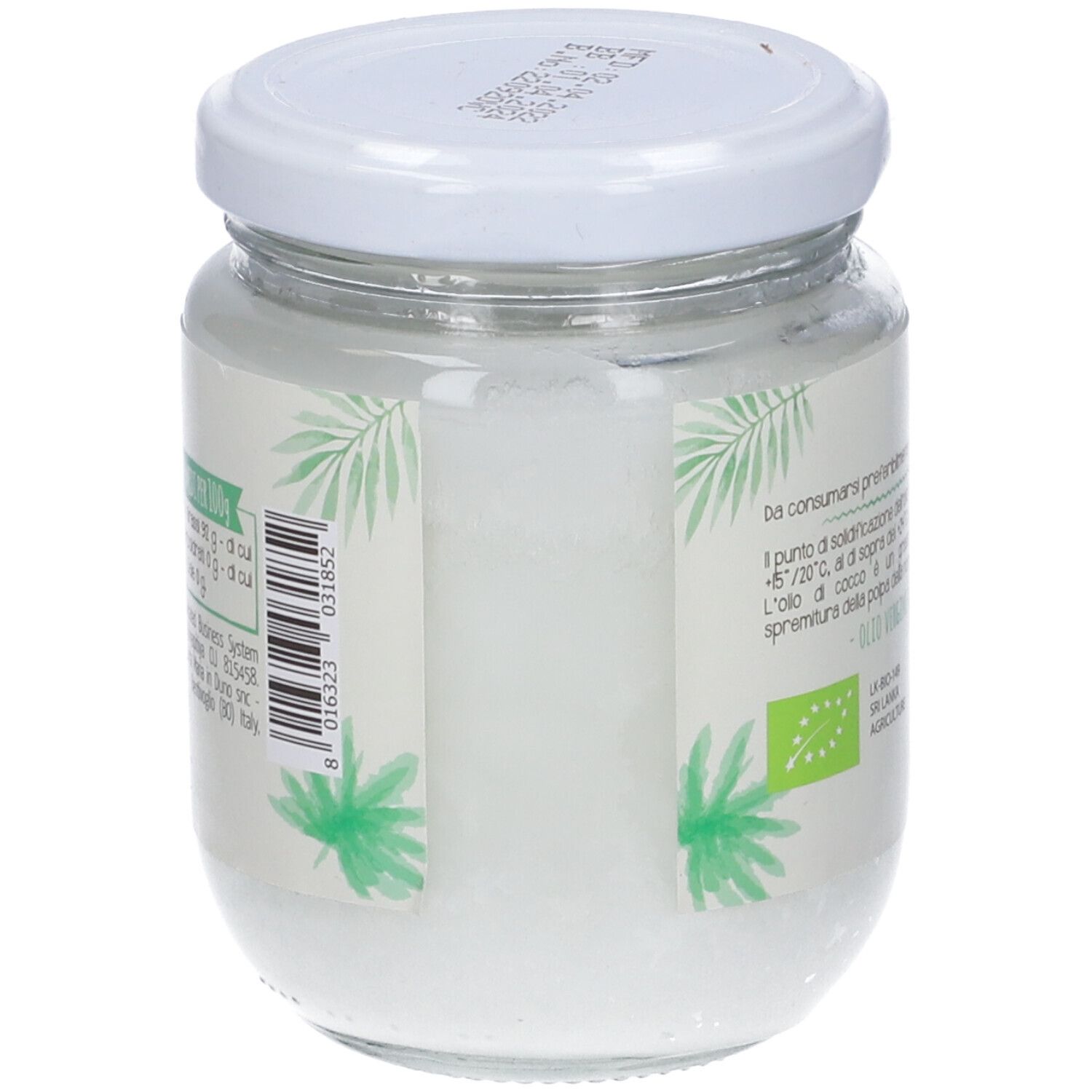 Retro di un vasetto di olio di cocco. Scritta e sigillo bio. Tappo bianco.