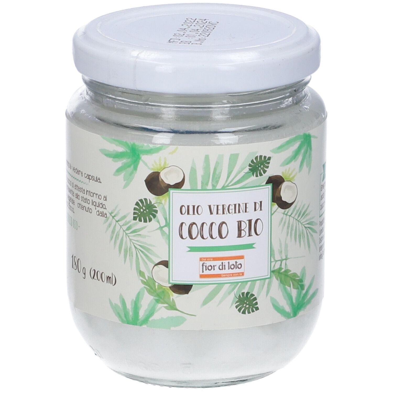 Vasetto di olio di cocco. Scritta: Olio Vergine di Cocco Bio, Fior di Loto. Coperchio bianco. 180g (200ml).