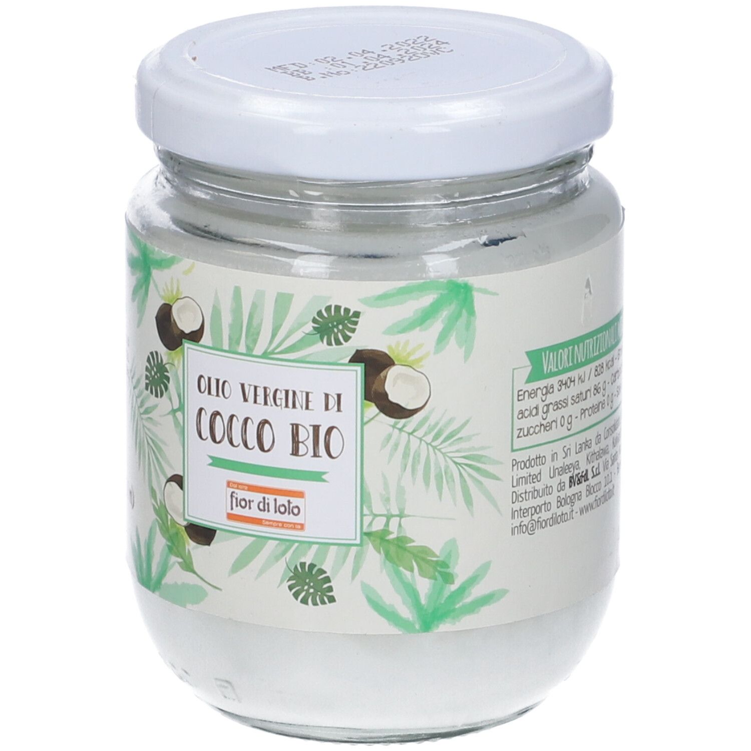 Vasetto di olio di cocco. Scritta: Olio Vergine di Cocco Bio, Fior di Loto. Coperchio bianco. Valori nutrizionali.