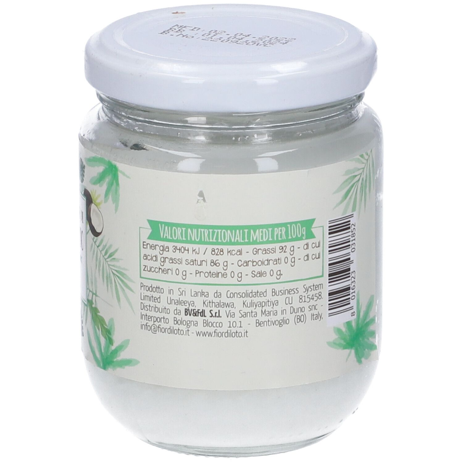 Retro di un vasetto di olio di cocco. Valori nutrizionali e informazioni produttore. Tappo bianco.