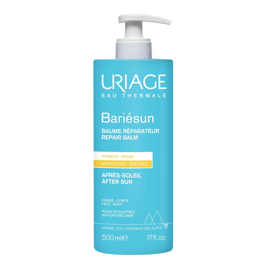 Flacone azzurro con erogatore bianco. Scritte: URIAGE, Bariésun, Après-Soleil, 500ml.