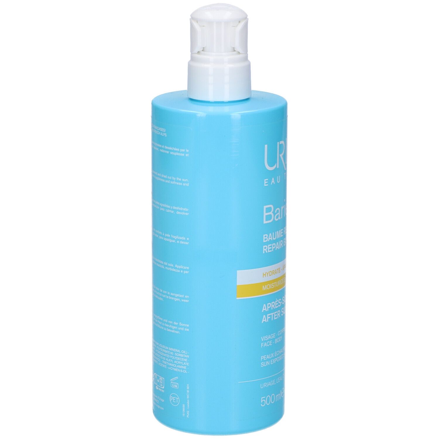 Flacone azzurro con erogatore bianco. Scritte: URIAGE, Bariésun, Après-Soleil, 500ml.