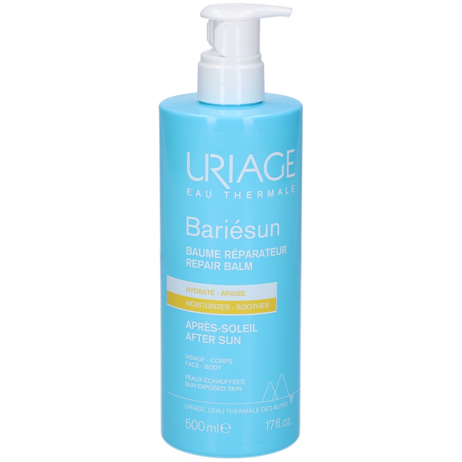 Flacone azzurro con erogatore bianco. Scritte: URIAGE, Bariésun, Après-Soleil, 500ml.