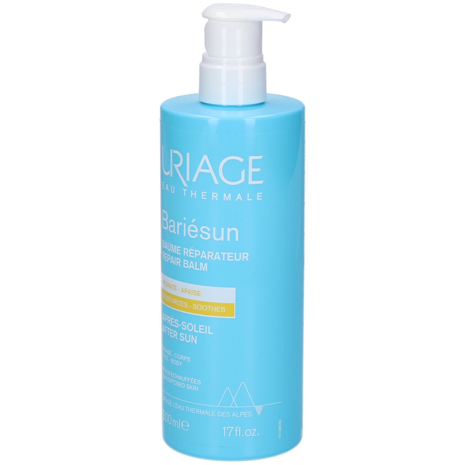Flacone azzurro con erogatore bianco. Scritte: URIAGE, Bariésun, Après-Soleil, 500ml.