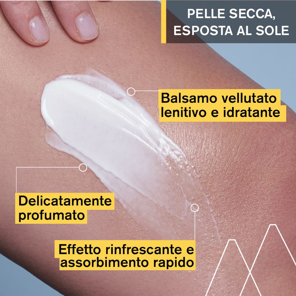 Pelle con balsamo. Testo: Balsamo vellutato, delicatamente profumato, effetto rinfrescante.