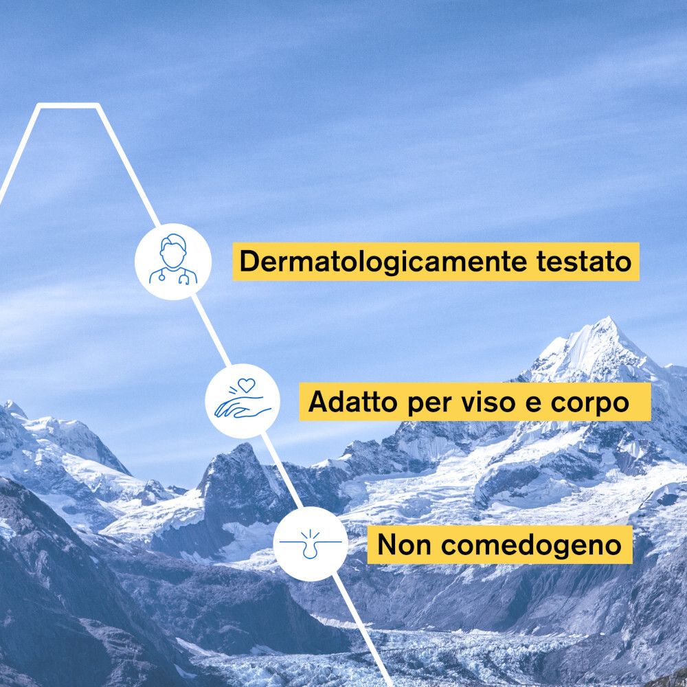 Grafica con testo: Dermatologicamente testato, adatto per viso e corpo, non comedogeno.
