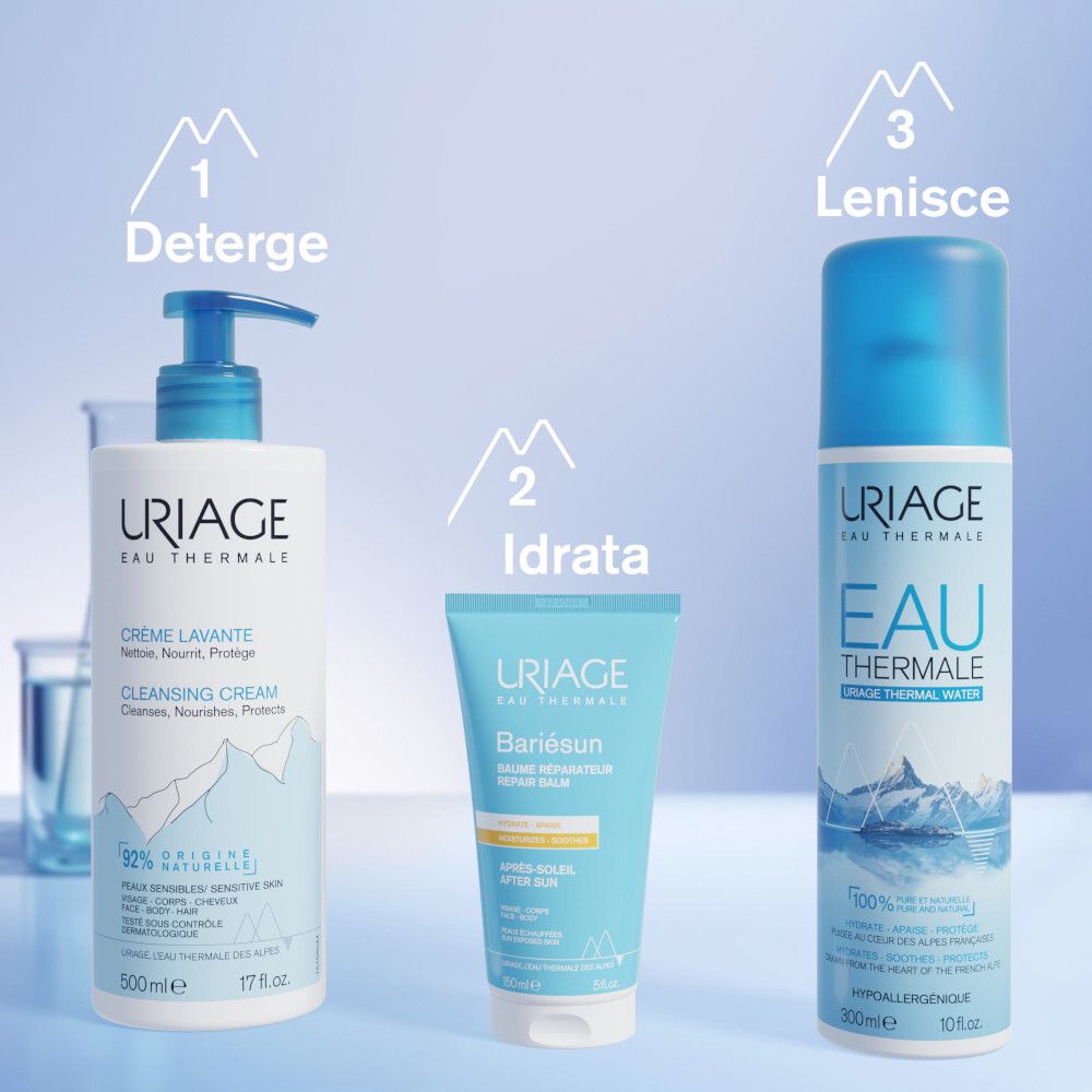 Tre prodotti. Testo: Deterge, Idratata, Lenisce. Uriage Creme Lavante, Bariésun, Eau Thermale.