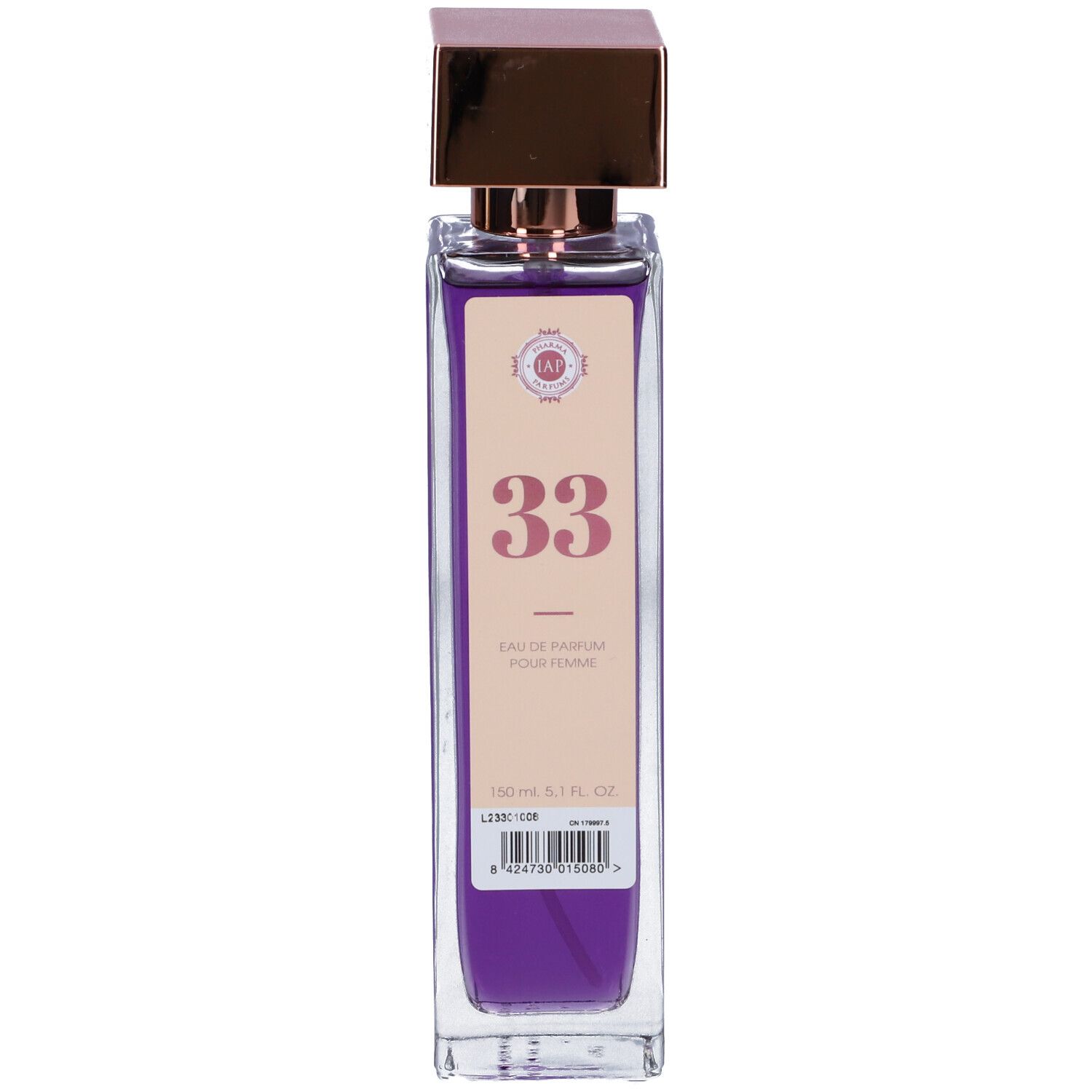 Flacone di profumo con tappo quadrato. Scritta "33". Liquido viola visibile. Etichetta con testo e codice a barre.