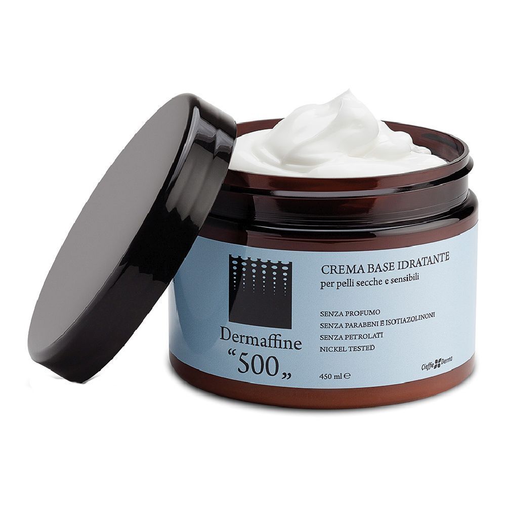 Barattolo marrone con coperchio nero, aperto, crema bianca visibile. Scritta: Dermaffine "500", Crema Base Idratante.