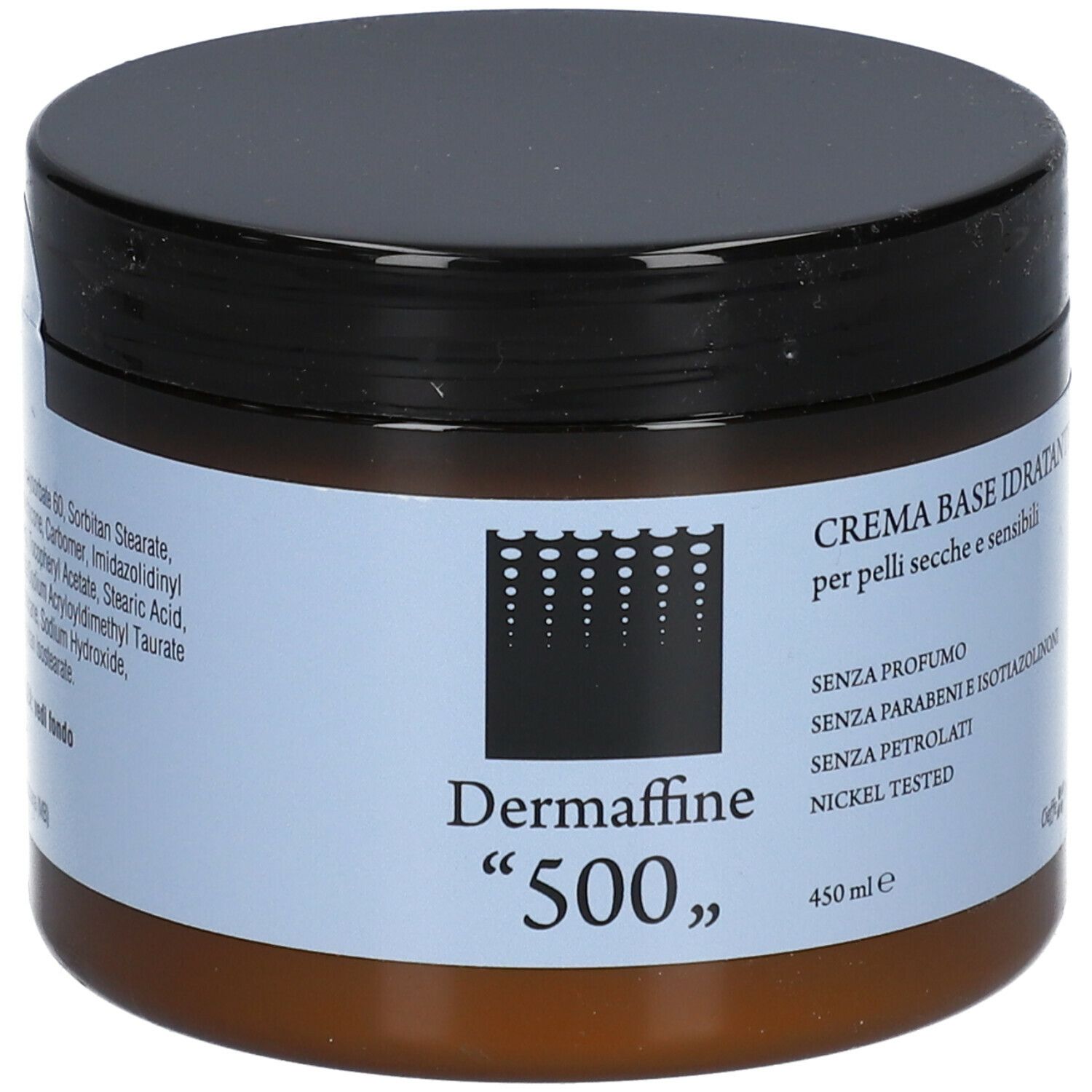 Barattolo marrone con coperchio nero. Scritta: Dermaffine "500", Crema Base Idratante. Senza profumo, parabeni, petrolati.