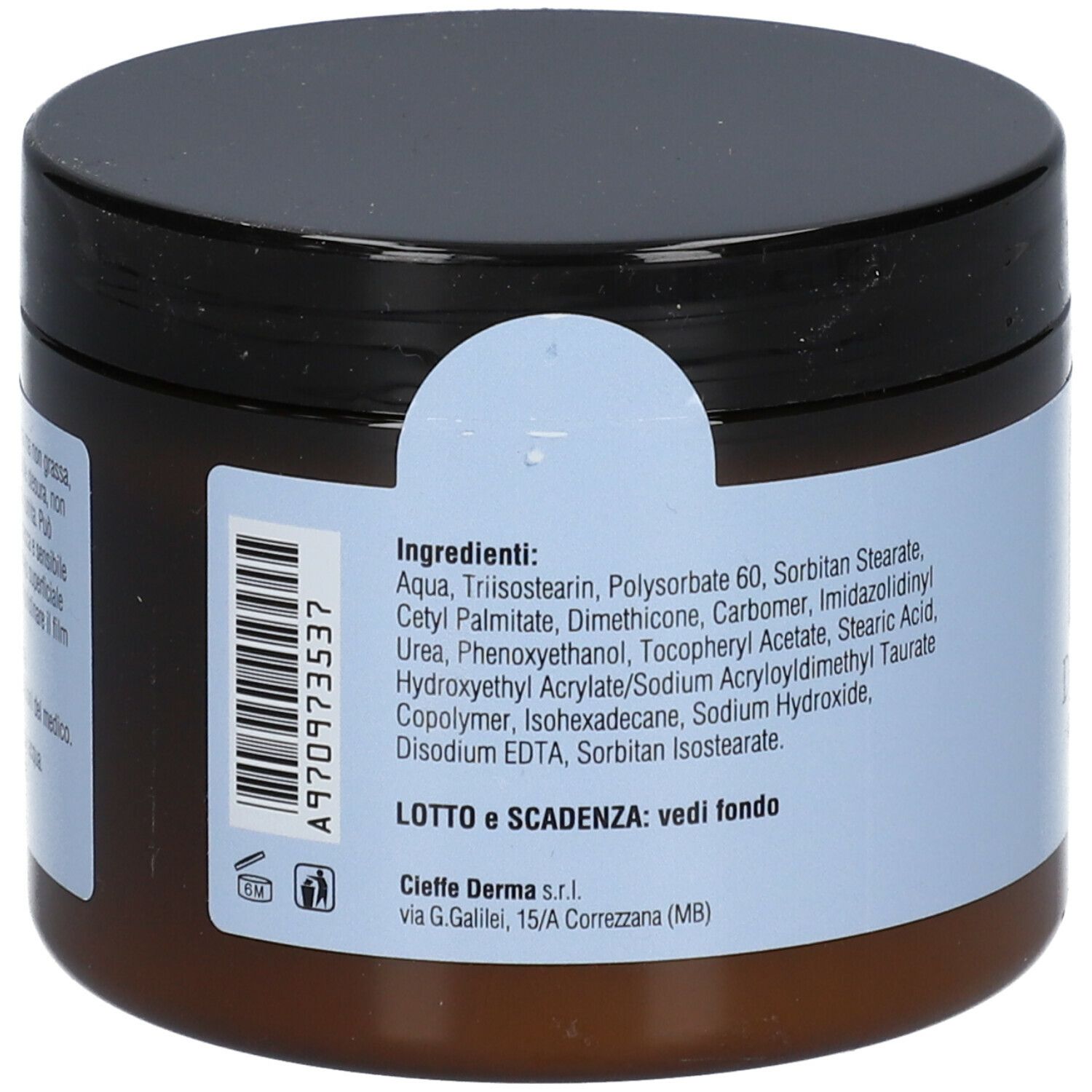 Retro del barattolo. Elenco ingredienti, codice a barre e indirizzo del produttore. Scritta: Dermaffine "500", Crema Base Idratante.