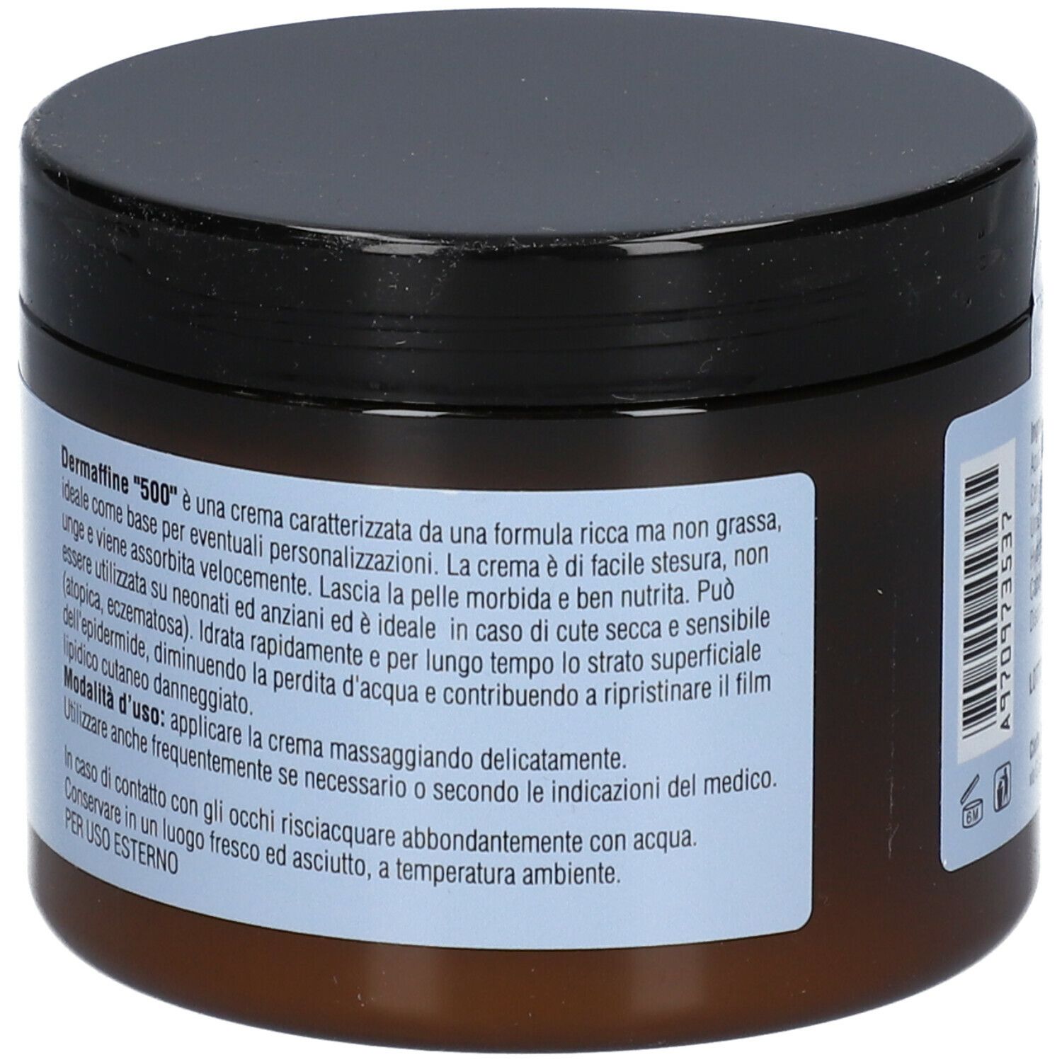 Barattolo con coperchio nero. Testo: Dermaffine "500" è una crema... Modalità d'uso: applicare la crema massaggiando. Per uso esterno.