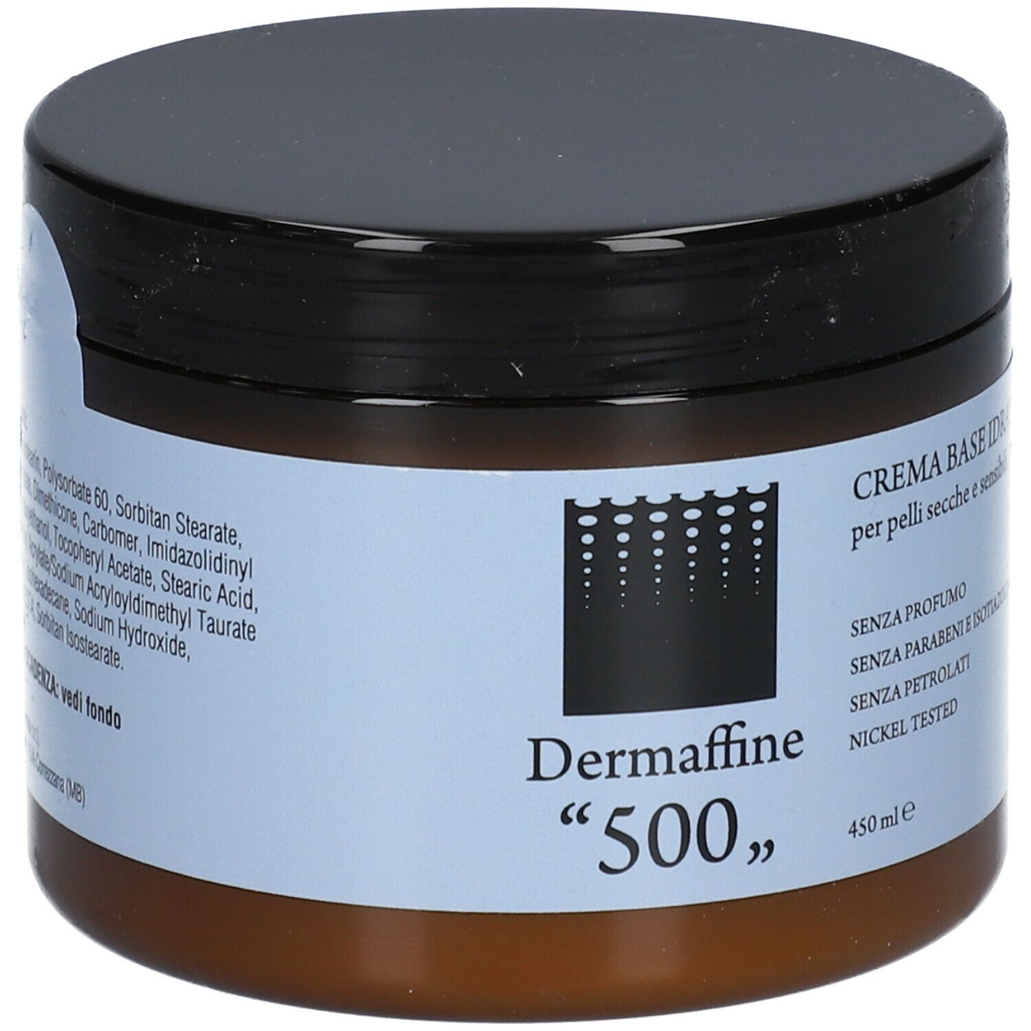 Barattolo marrone con coperchio nero. Scritta: Dermaffine "500", Crema Base Idratante. 450 ml.